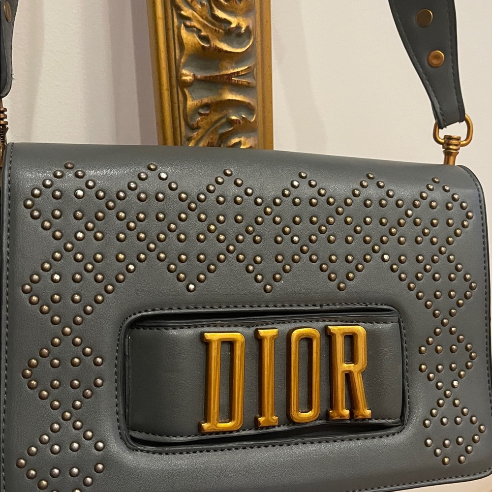 Dior Gray Leather Crossbody with Gold Logo and Stud Detailing